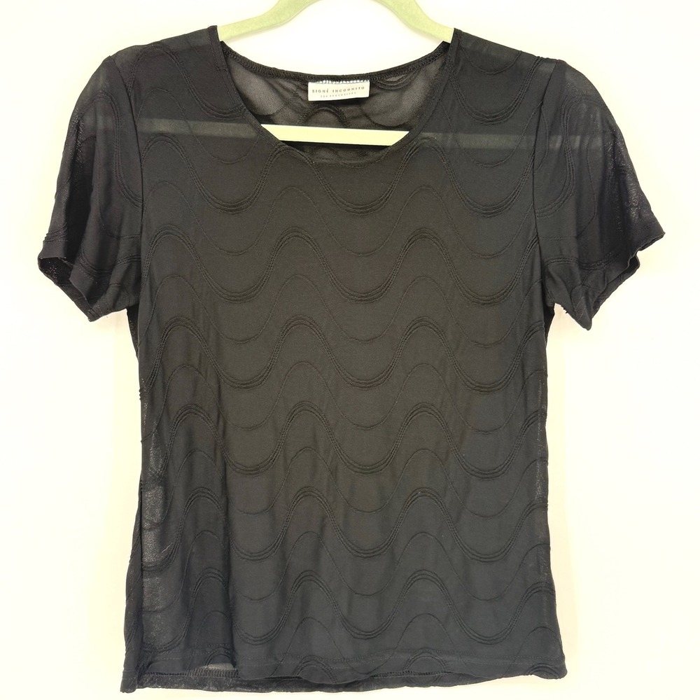 SIGNE INCOGNITO Sheer Mesh Wavy Textured Short Sleeve‎ Top Black C&A Exclusives